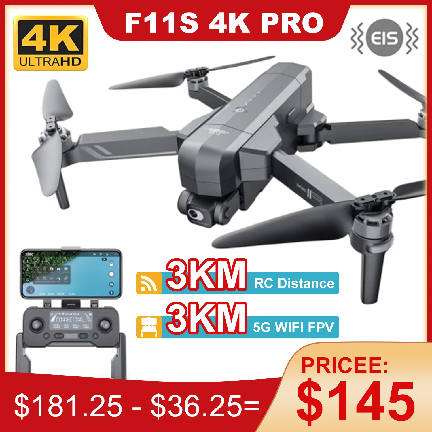 Sjrc f11/f11s 4k pro zangão com câmera 3km wifi gps eis 2 eixos anti