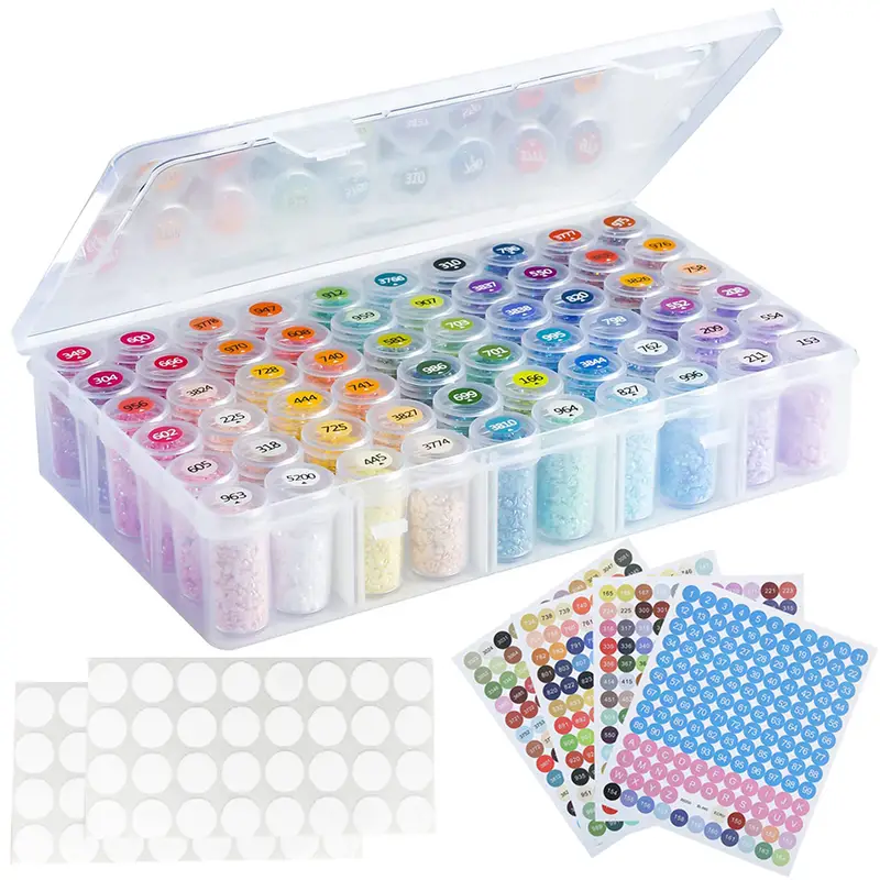 CHENISTORY 60 Bottles Diamond Painting Container Case With Color Number Stickers Labels Diamond Beads Storage Box Organizer Tool