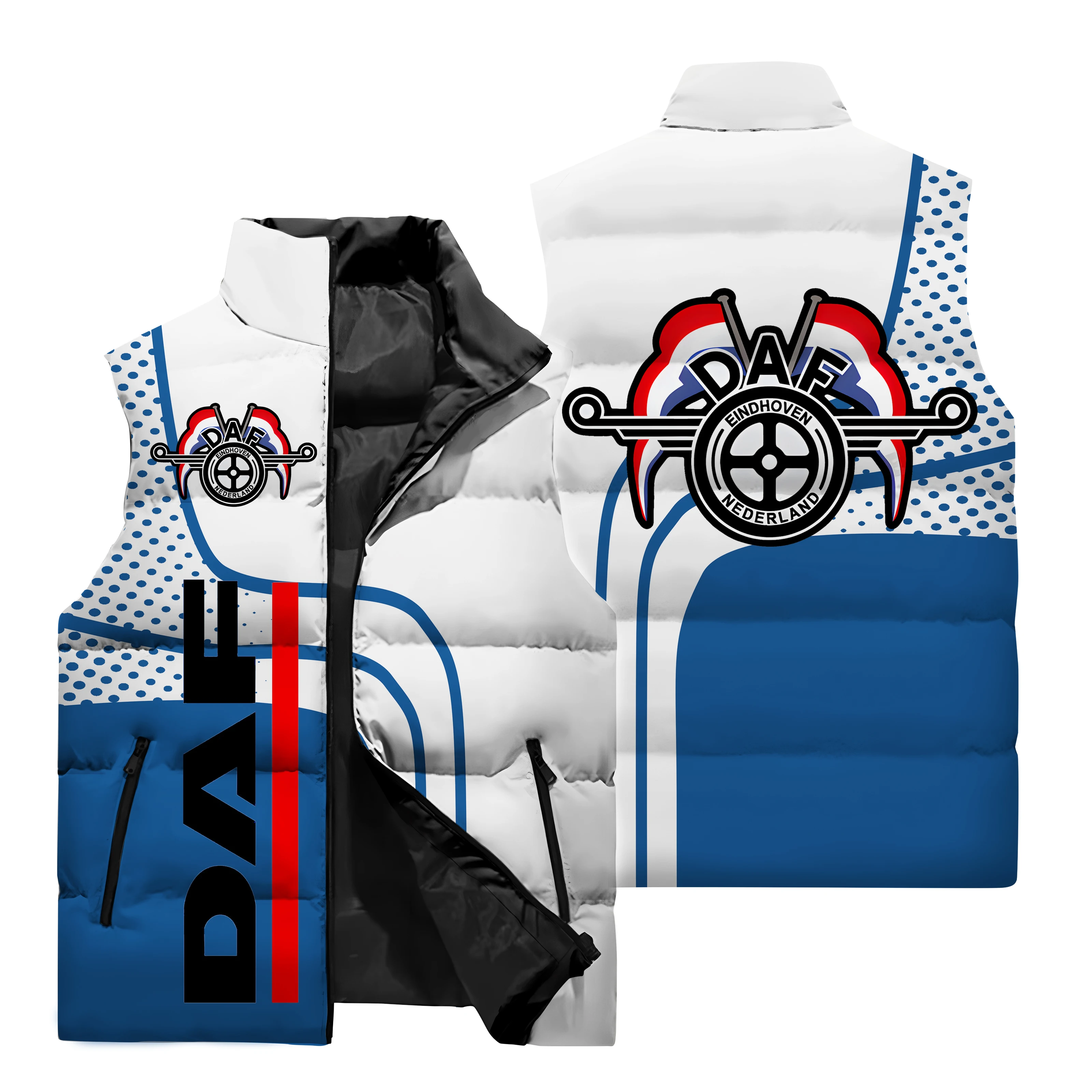 Chaleco sin mangas con estampado 3D DAF para hombre, para otoño e invierno, cálido, para deportes al aire libre, compras, chaqueta con cuello alto y cremallera a la moda
