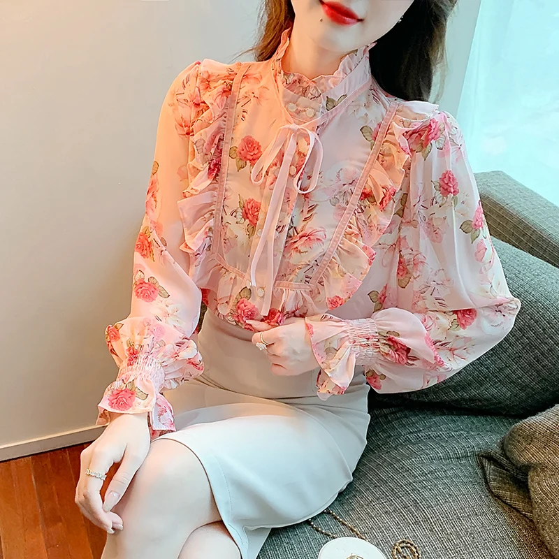 

Vintage Chiffon Shirt Tops Women's New Spring Ruffled Collar Floral Shirt Blouses Beach Female Bow Lantern Sleeve Casual Clothes