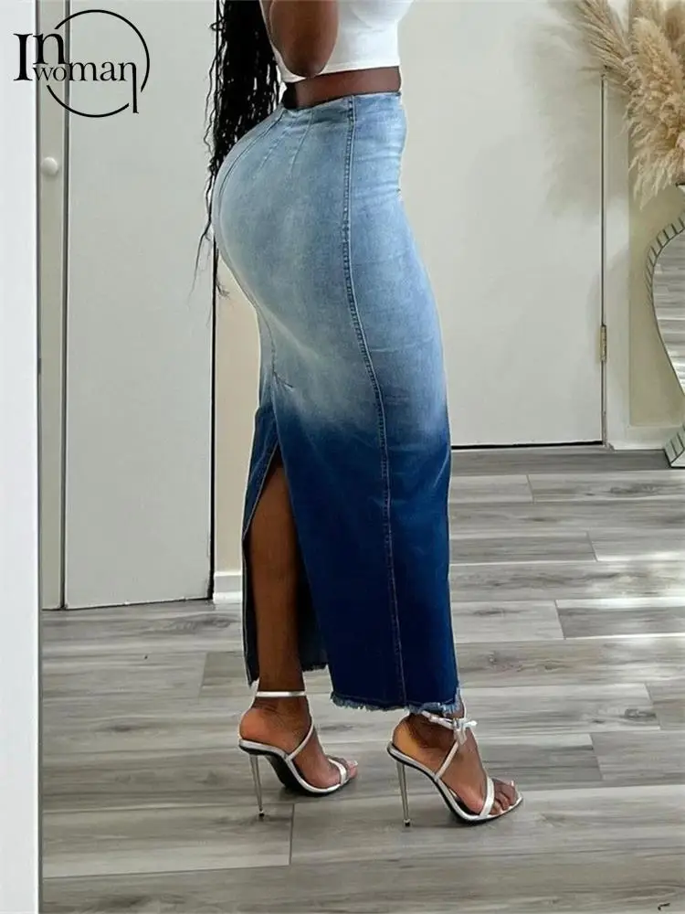 

Inwoman Blue Sexy Tie Dye Denim Skirt Party Club Outfits For Women 2023 Fall Gradient Split Maxi Skirt High Waist Jean Skirt