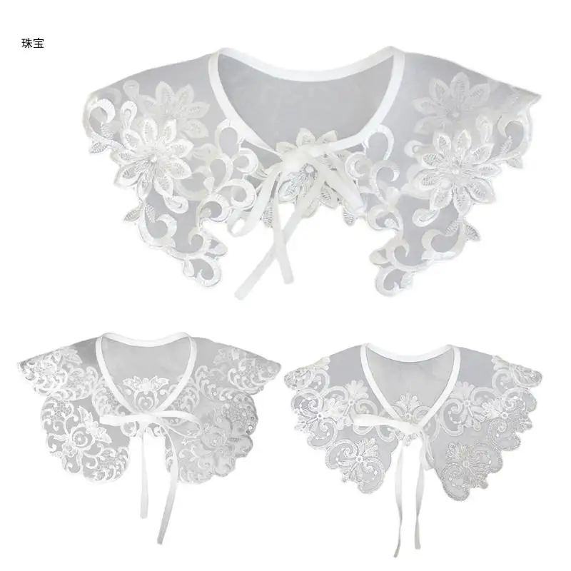 

X5QE Sweet Sheer Organza Fake Collar Shawl Wrap Embroidery Floral Lace Sequins Beading Necklace Lapel Half Shirt Mini Capelet