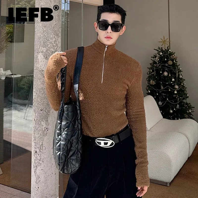 

IEFB Korean Style Men's T-shirt Tight Shoulder Pad Zipper Turtleneck Pullover Male Fleece Top Winter Spring New Stylish 9C3855