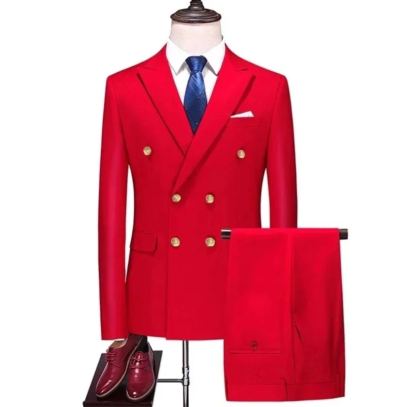 2 Pcs Set Gold Button Blazers Jacket Pants / Fashion Men's Casual Boutique Business Solid Color Suit Coat Trousers mens suit