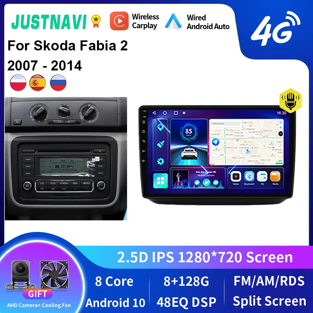 Radio samochodowe JUSTNAVI dla Skoda Fabia 2008-2014 Carplay nawigacja Stereo multimedialny odtwarzacz Video odtwarzacz DSP Autoradio 2din jednostka główna DVD