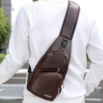 خمر بلون لينة بولي Leather الجلود متعددة الوظائف USB شحن رجل حقيبة صدر للرجال سستة الكتف حقائب كروسبودي للرجال الاستخدام اليومي 5