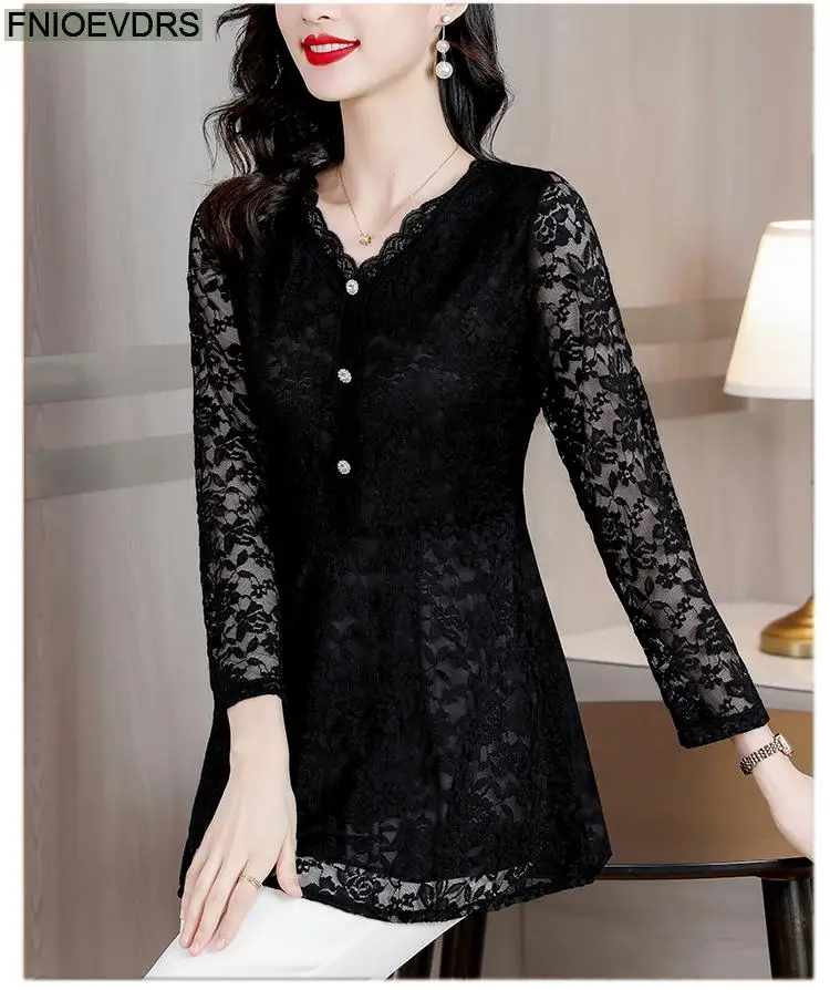 M-5XL 2023 Women Winter Spring Basic Black Lace Shirts Elegant Office Lady Loose Casual Ruffles Tunic Peplum Tops And Blouses