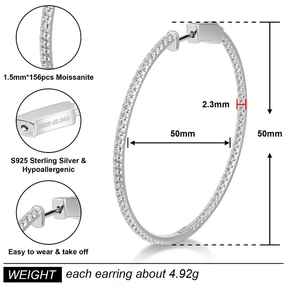 M-JAJA 50mm Full Moissanite Hoop Earrings 925 Sterling Silver for Women D Color VVS1 Lab Diamond Stud Earrings Wedding Jewelry 2