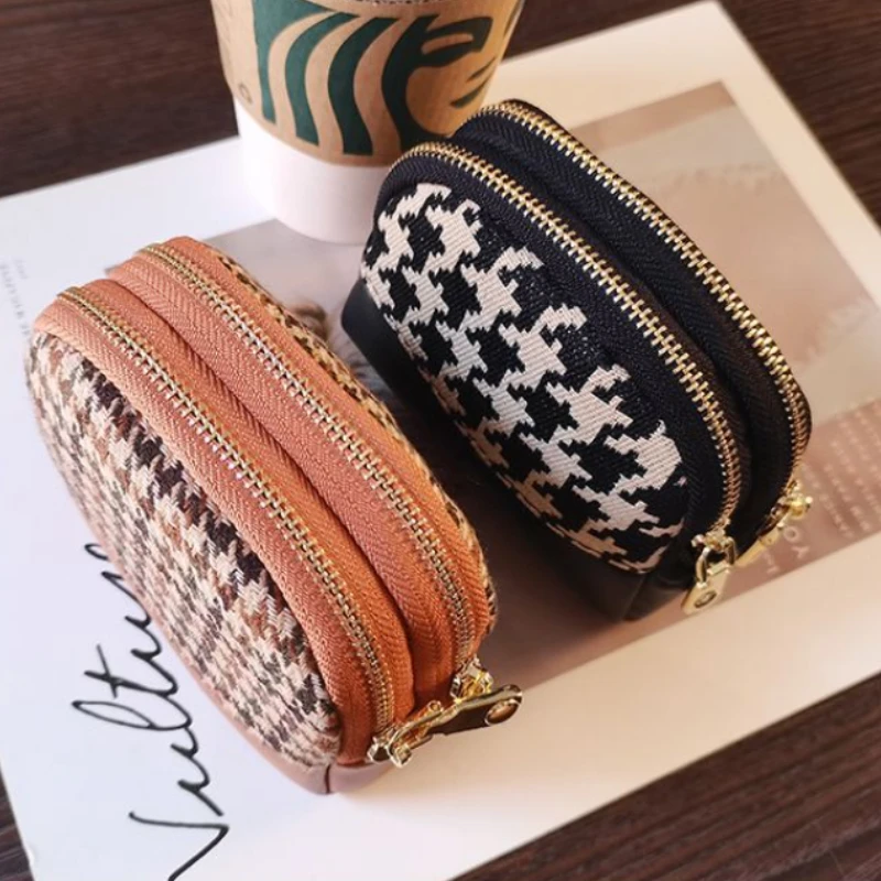 LAYRUSSI New Fabric Coin Purse Women Double Zipper Small Wallet Key Pouch  Travel Card Holder Fashion Female Vintage Coin Bags