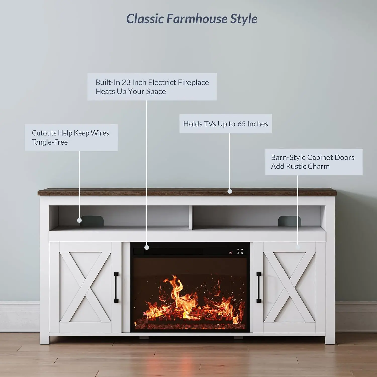58" Farmhouse Fireplace TV Stand for TVs Up To 65" 23" Electric Fireplace Heater with Sound Barn Door Storage Cabinets - White 4