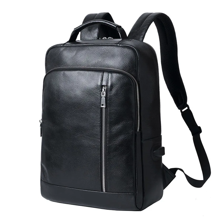 YIFANGZHE  New Luxury Genuine Leather Backpack with USB Charging Port,  Men Travel Black Bagpack  Men Business Laptop