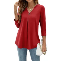 2024 Spring Autumn Women T-shirt V Neck 3/4 Sleeve Pin Decor Pleated Hem Solid Color Slim Fit Tunic T-shirt Tops Blouse - Image 5