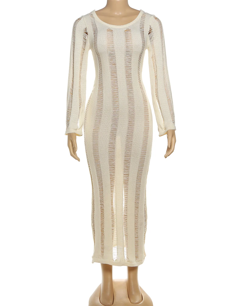 Nibber Elegant Knit Backless Maxi Dress Long Sleeve Hollow Metal Ring Slim Fashion Sexy Midnight Vacation Beach Party Vestidos