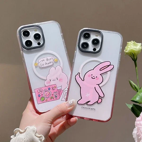 

Busy Rabbit Pink Gradient Transparent Border iPhone 13 14 15 Pro Max Case with MagSafe