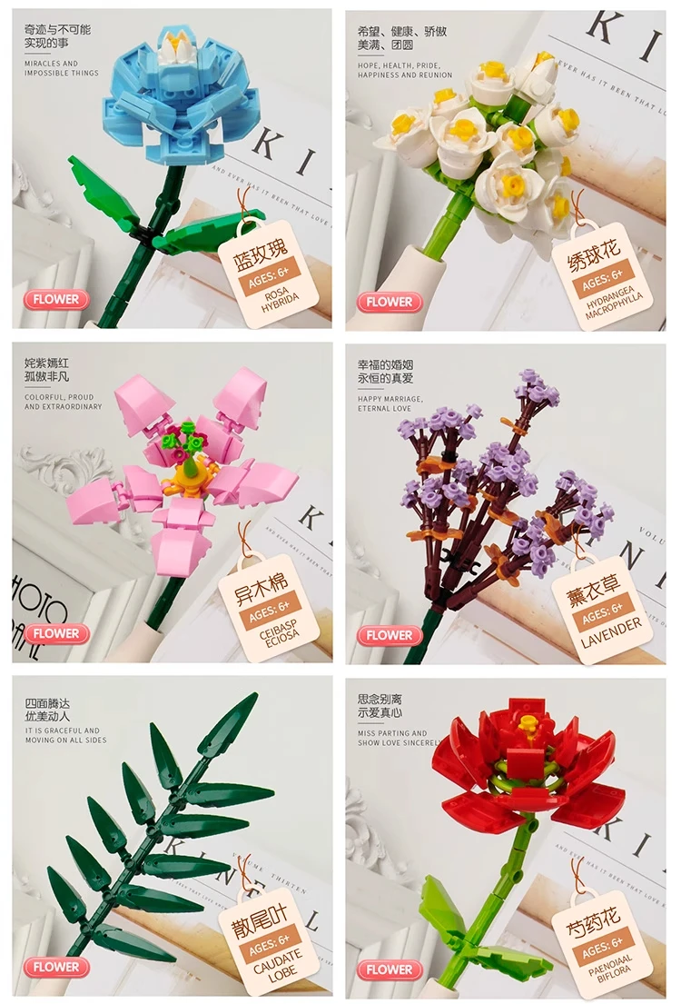 Eternal Rose Sunflower Bouquet Building Blocks, DIY Mini Bricks for Adults, No W