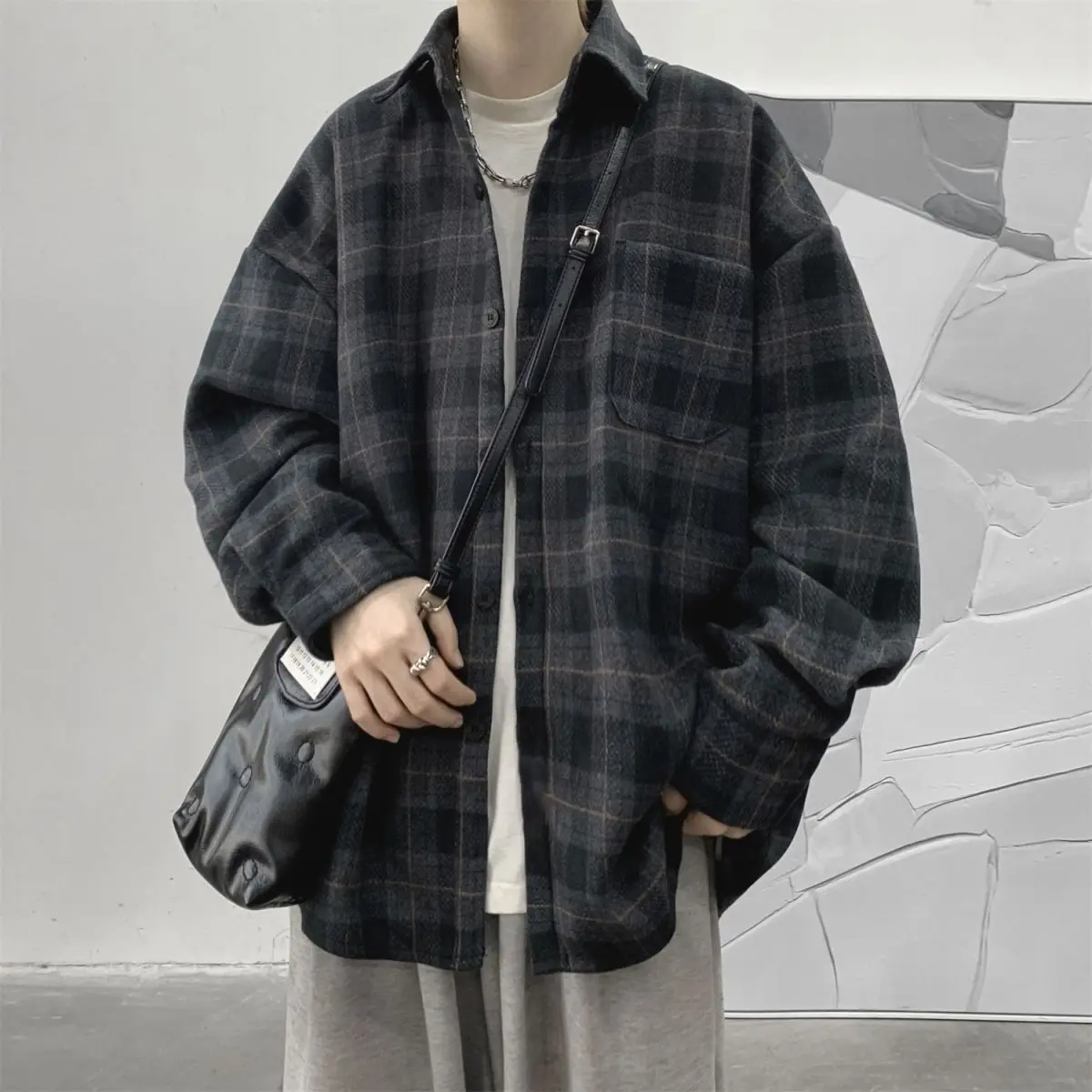 2023 Thick Plaid Shirt Men's Autumn and Winter Vintage Loose Long Sleeve Shirt High-end Feeling and Handsome Casual Coat