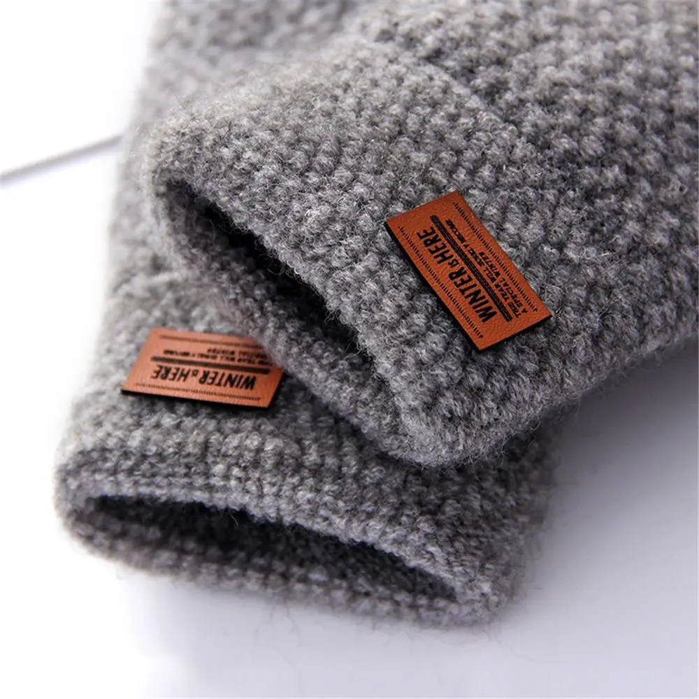 Leather Label Elastic Winter Warm Driving Gloves Half Finger Mittens Fingerless Gloves Knitted Alpaca Wool