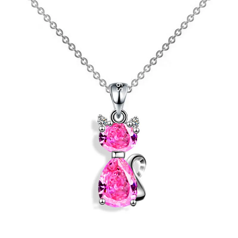 Cute Crystal White Cat Zircon Stone Pendant Necklace Vintage Wedding Jewelry For Women