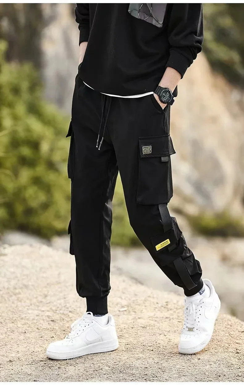 

Black workwear casual pants for men's spring American vintage trendy charging pants with ruffled and handsome high street stra