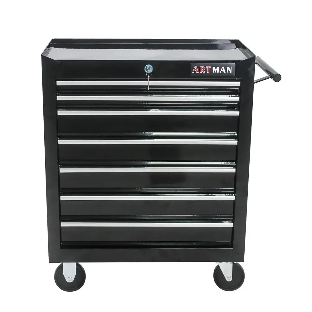 Steel 7-Drawer Rolling Tool Chest Box Wheels Garage Workshop Organizer Storage Black 24.5" Compact Durable Portable Heavy Duty 3