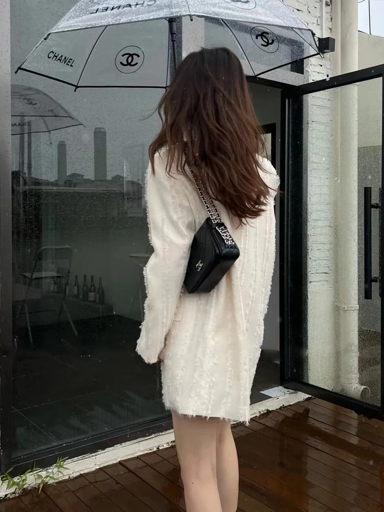 Luxury Women Double breasted blazer Oversized 2023 Fall V-neck long sleeve jacket Vintage Apricot High quality Chic INKEO 3O088