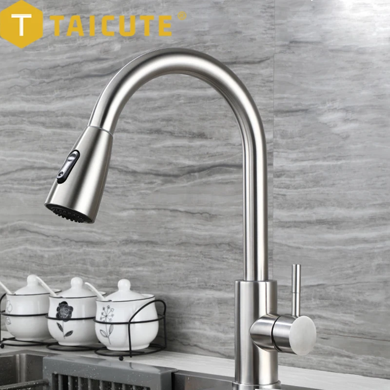 TAICUTE Pull Out Kitchen Faucet 2 Modes Sink Mixer Tap Stainless Steel Single Hole Stream Sprayer Head Water Tap, Black