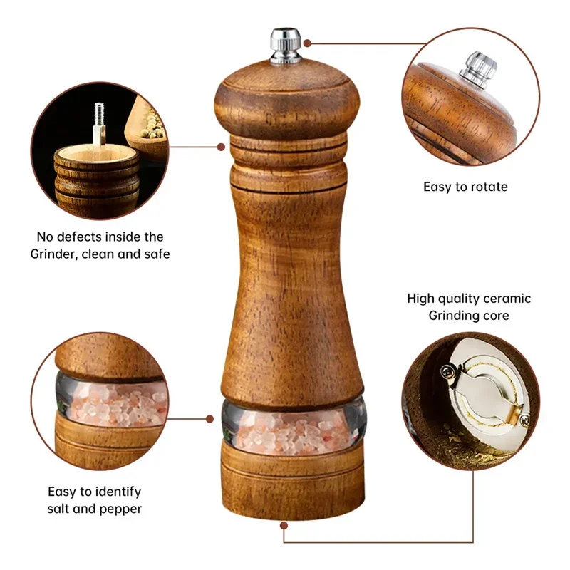 6-inch Manual Pepper Grinder Rubber Wood Acrylic Salt Shakers Adjustable Ceramic Rotor-Refillable Oak Spice Salt Grinding Bottle