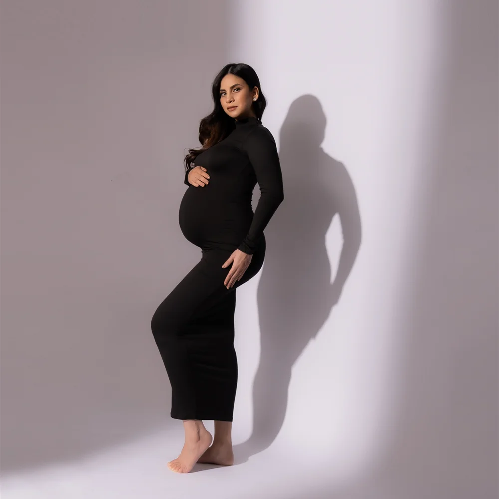 High Neck Full Sleeve Maternity Skinny Dress For Photography Pregnant Woman Stretchy Long Dress