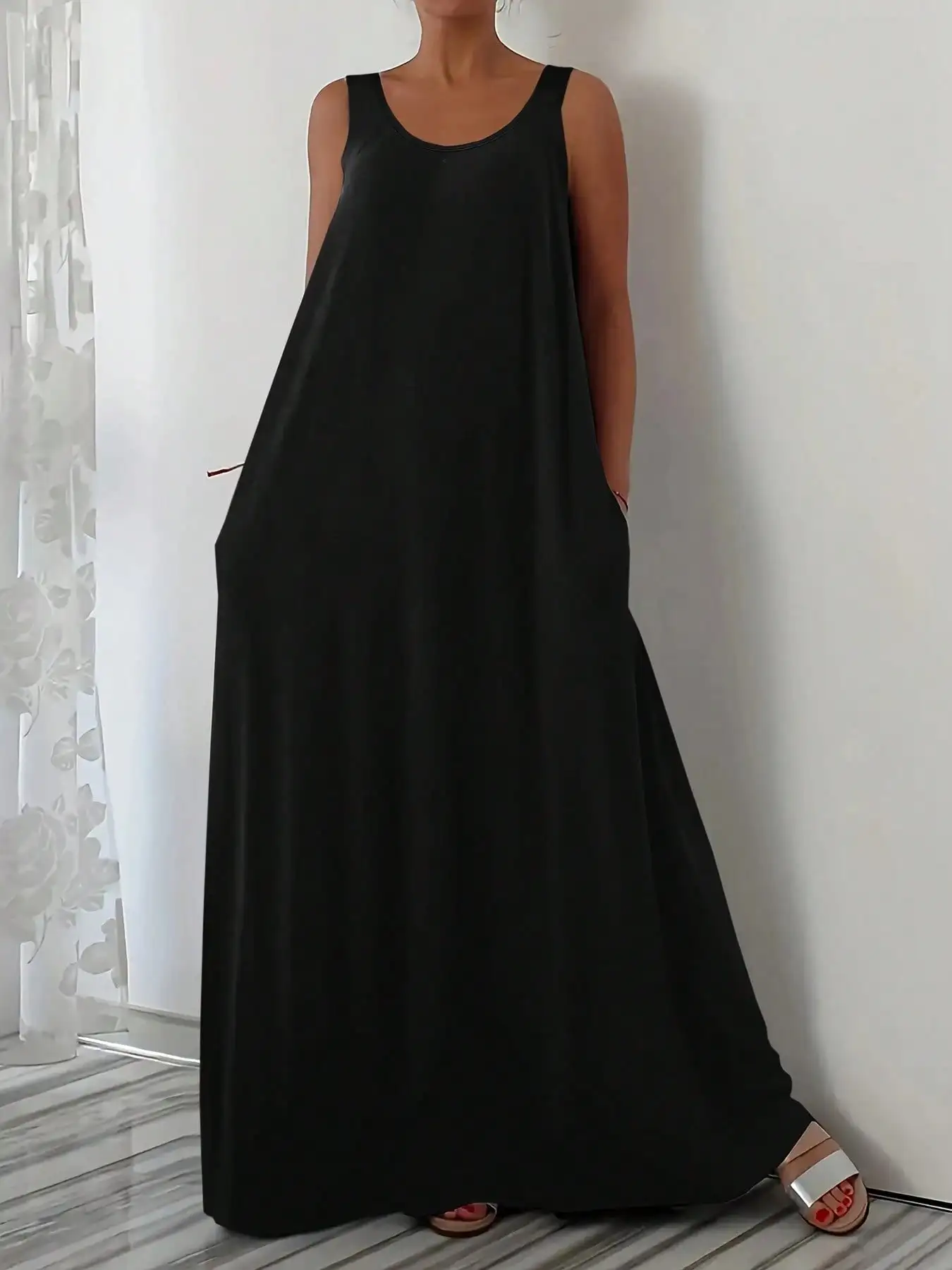 Europäisches und amerikanisches, neues, lässiges, ärmelloses, einfarbiges Kleid für Damen im modernen Stil.