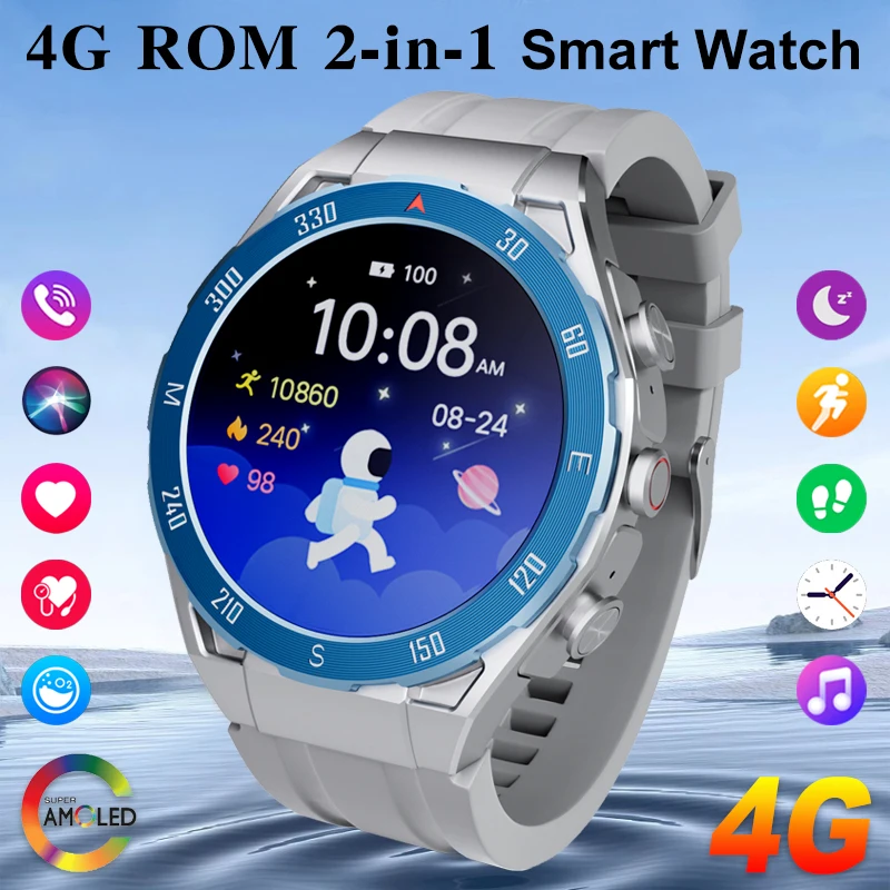 

2024 New AMOLED Smart Watch Men Bluetooth Call HD Recording 4GB Local Music Playback 2 In1 Smartwatch For Men Android iOS Phone