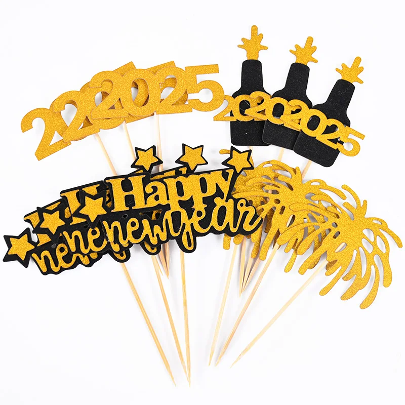 Tortenaufsatz \"Happy New Year\" 2025 – Schwarz-goldener Glitzer, Mit Weinglas-Motiv, Für Silvester-Party & Kuchen-Deko