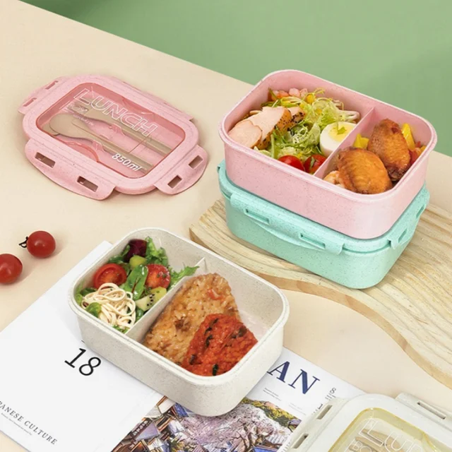 Boîte à déjeuner divisée de 850ml, boîte à Bento Portable de grande capacité pour micro-ondes avec fourchette et cuillère, récipient de stockage des aliments pour le Camping scolaire 4