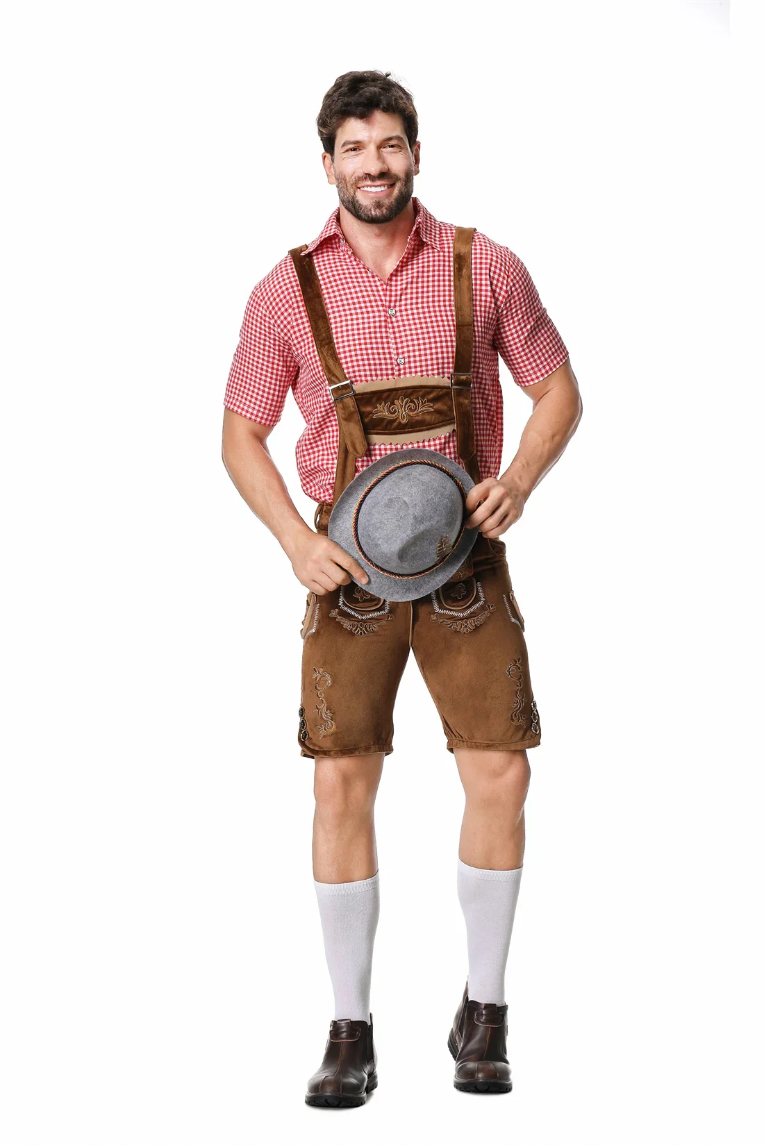 Cosplay Costume Men Festival Costume Set Male German Oktoberfest Lederhosen Costume Short Sleeve Suspenders Rompers Shirt Hat Bavarian Beer Festival Men Cosplay Outfit