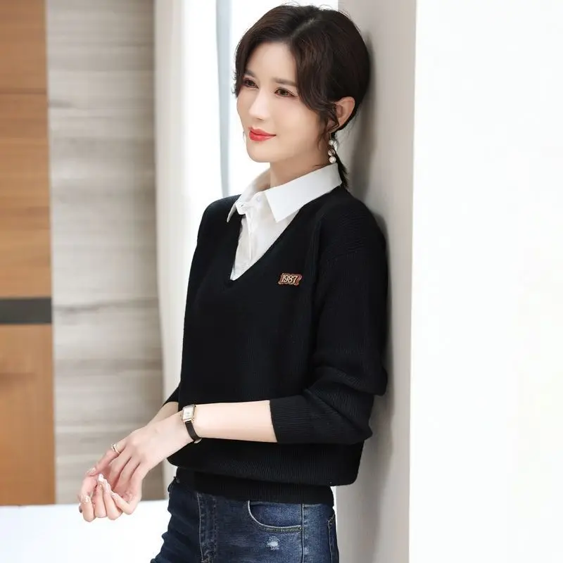 

Женский свитер с имитацией двух предметов, модный офисный пуловер с воротником-поло для весны и осени, 2023