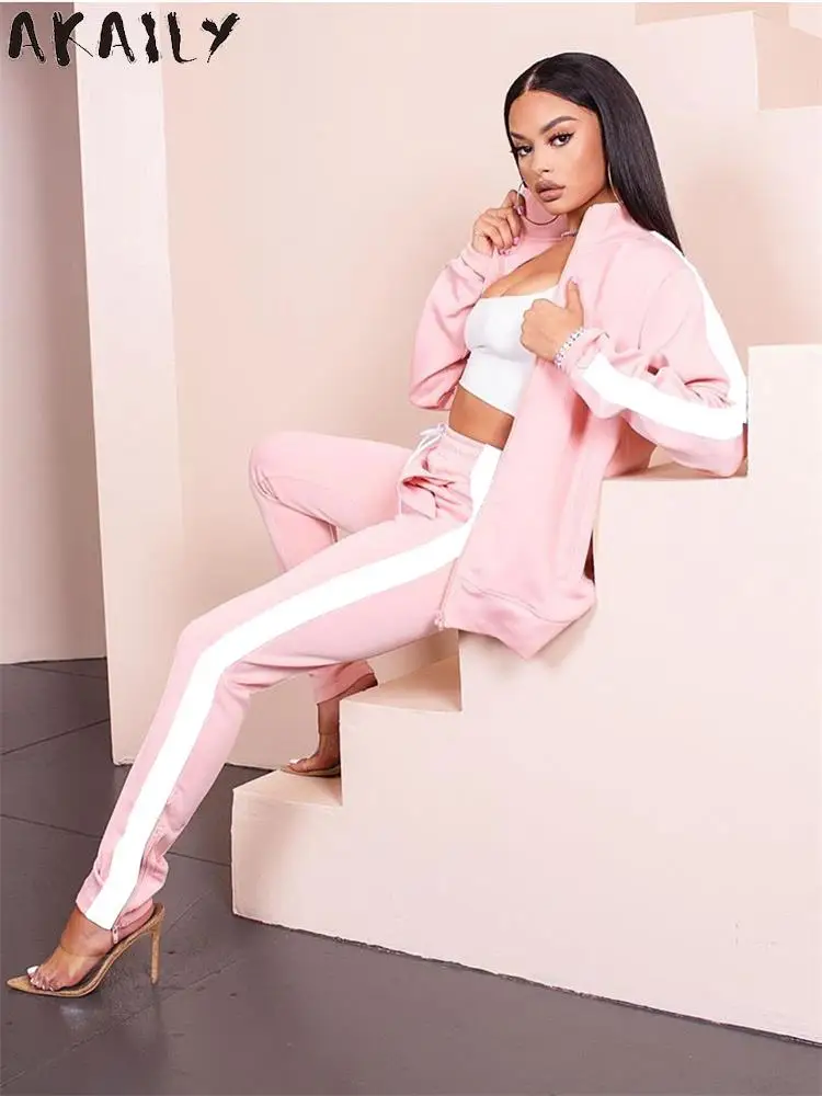 Akaily Fall Pink Tracksuit Womens 2 Two Piece Sets Fitness Outfits 2022