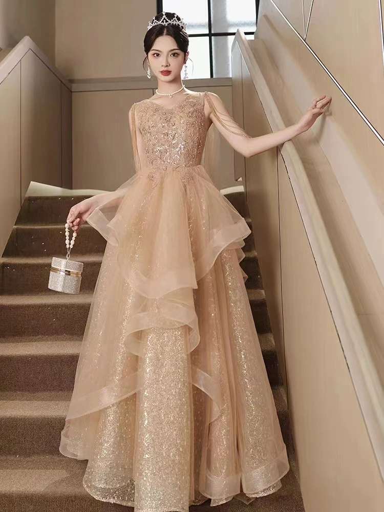 

Champagne Tiered Tulle Prom Dresses For Birthday Party Elegant V-Neck Sleeveless Floor-Length Long Wedding Party Gowns With Bead