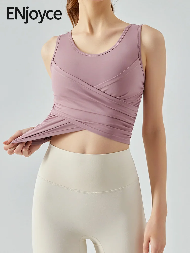 

Женский топ для йоги ENjoyce, бесшовный бюстгальтер со складками, спортивный цельный топ из дышащего материала для бега и фитнеса
