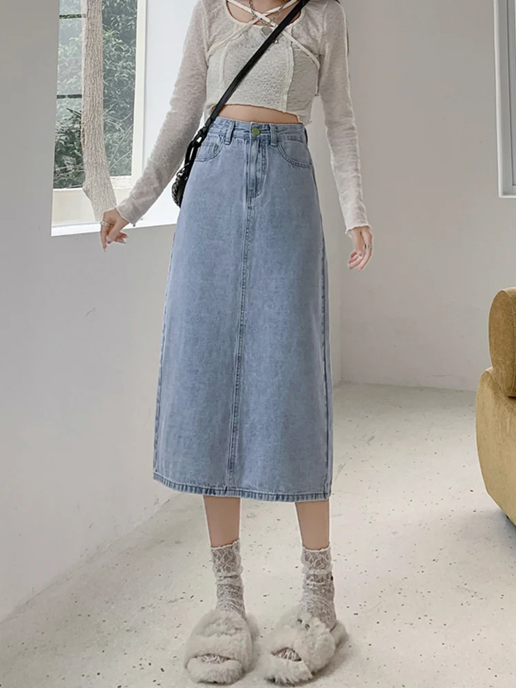 Yitimoky High Waist Pleated  Blue Denim Skirts Women 2022 Summer Spring Denim Skirts Girls student Button Pockets Jeans Straight green skirt