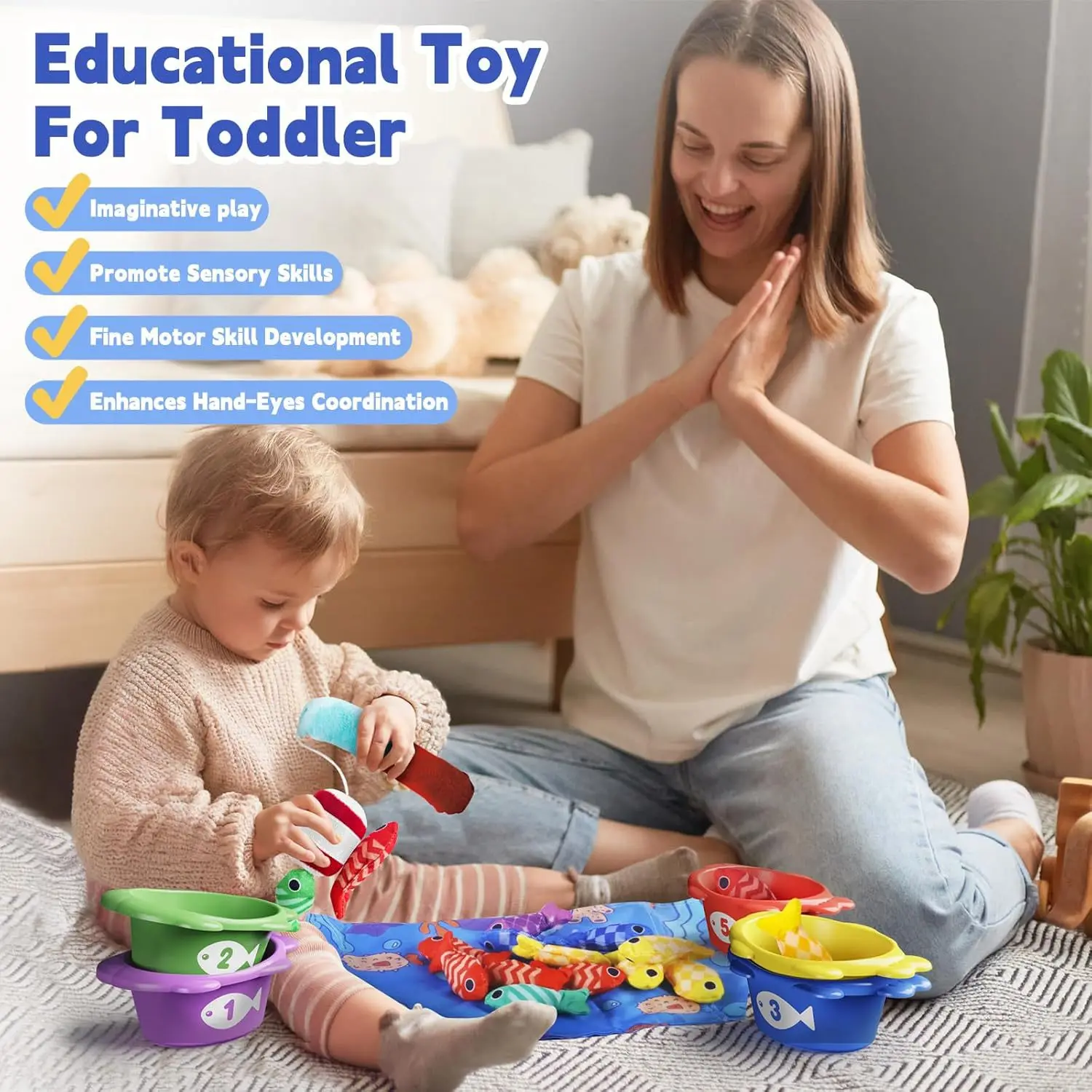 Gioco di pesca in tessuto montessori e bicchieri impilabili_voghion.com