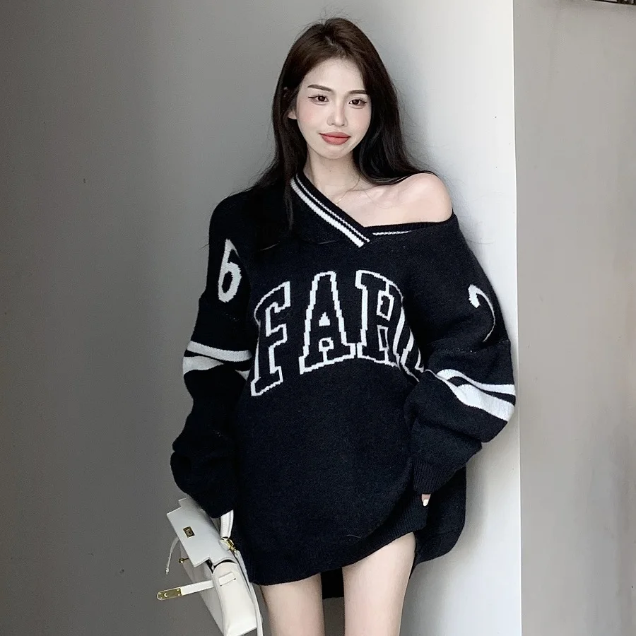 

STSVZORR-Women's Retro Lazy Style V-Neck Sweater, Autumn and Winter Pullover, Mid Length Knit Top, New, Sweet