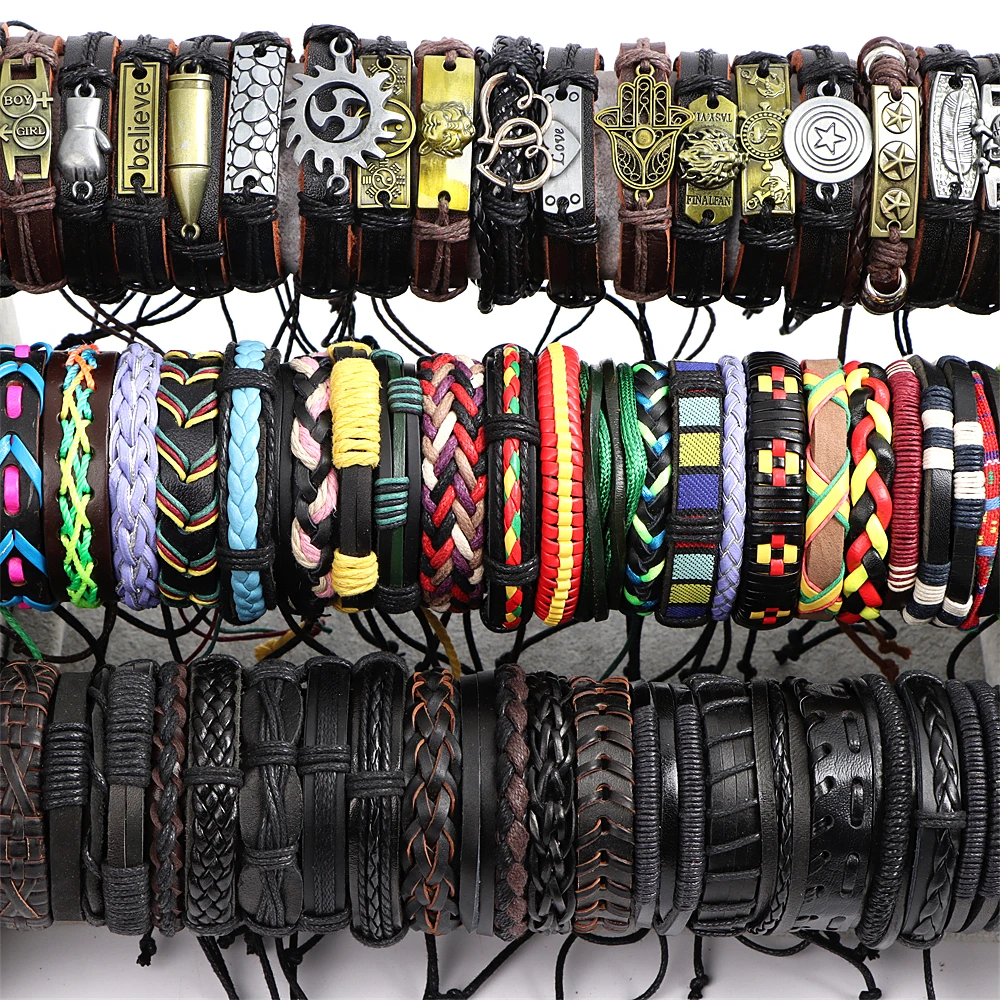 Großhandel Groß 50 Teile/los Handgemachte Manschette Handgelenk Leder Armbänder Für Männer Frauen Schmuck Geschenke Mix Stile Größe Einstellung – Detail 2