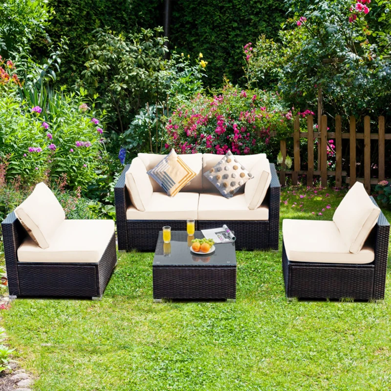 

5 Pieces Cushioned Patio Rattan Furniture Set with Glass Table Garden Outdoor Table and Chairs Set