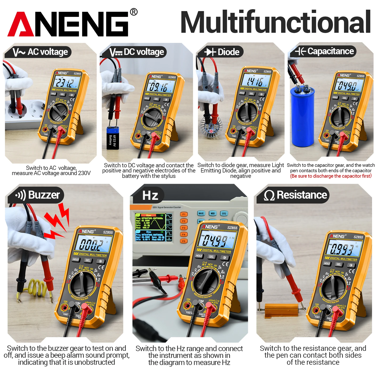 ANENG SZ855 디지털 멀티미터 4000워드 카운팅 NCV 비접촉식 AC/DC 전압 전류 저항 커패시터 주파수 테스터