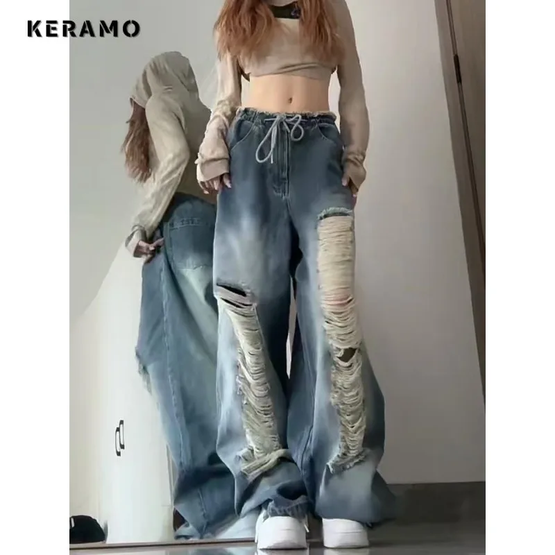 

2024 Spring Vintage Harajuku Y2K Loose Jeans Lace-up Hollow Out Blue Pants Women's Wide Leg Trashy Baggy Ripped Denim Trouser