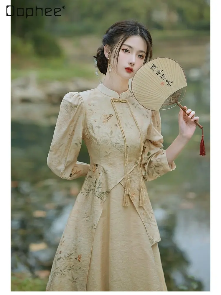 NFYM Women's Linen Cheongsam Dress – Spring Floral Embroidered Knee-Length Retro Tunic-738693