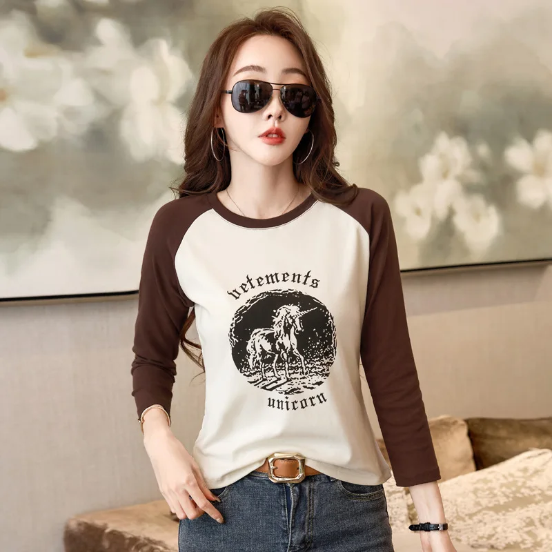 

New 2024 T Shirt Women Spring Raglan Sleeves Fashion Print Cute Junior T-shirt Cotton Casual Female Tshirts Kawaii Tops Tees