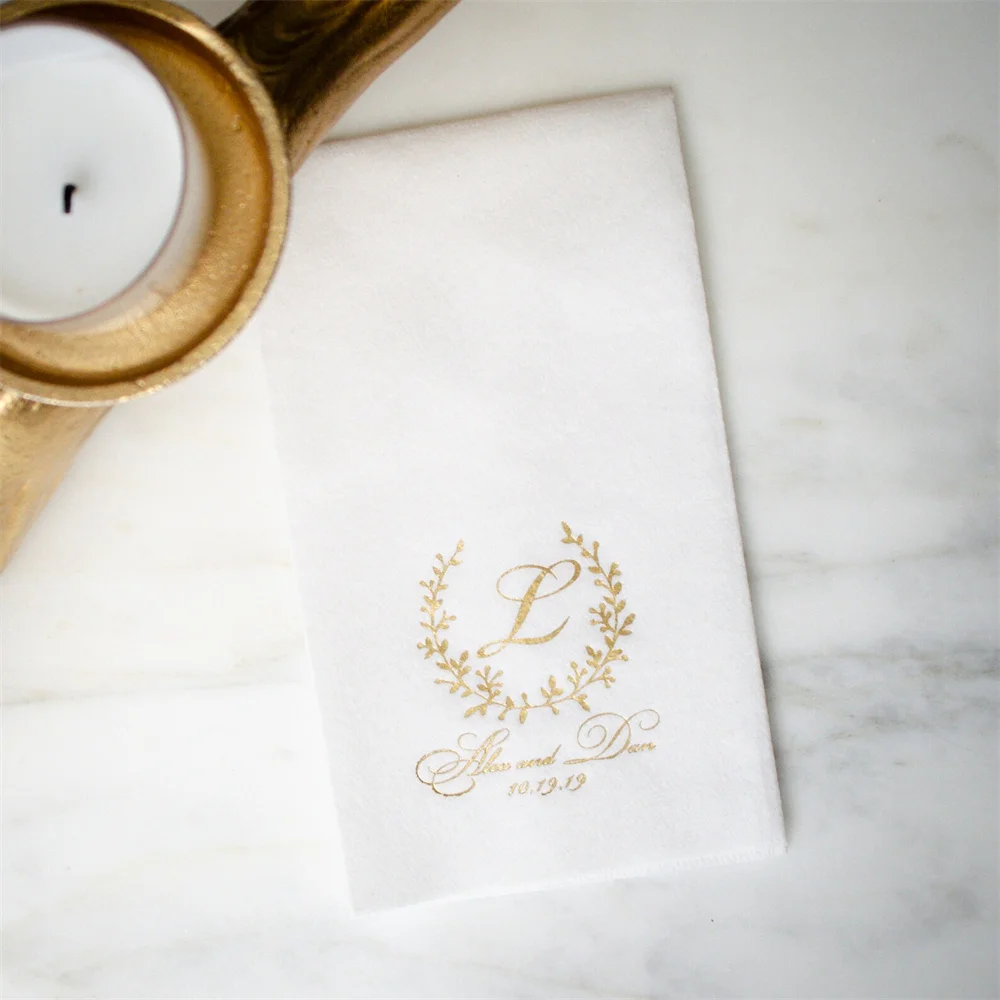 

50pcs Elegant Wreath Monogram Linen Like Guest Towel Napkins, Personalized Wedding Bathroom Hand Towels, Gold Foil Printed Napki