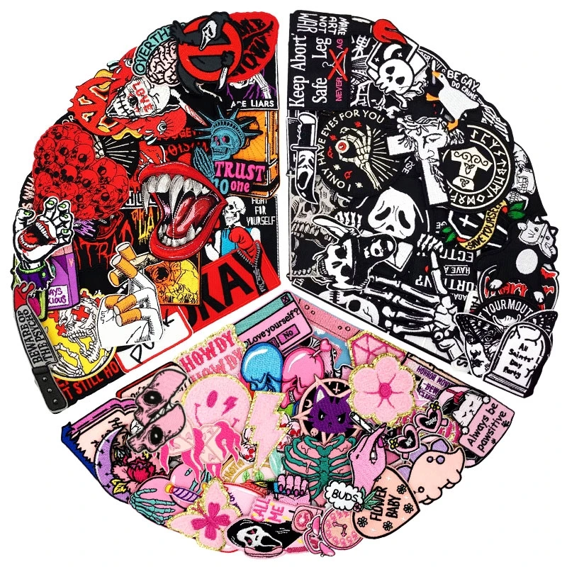 50pcs mix of punk, kawaii, and black & white iron-on patches – embroidered appliques for jackets, jeans, and DIY clothing