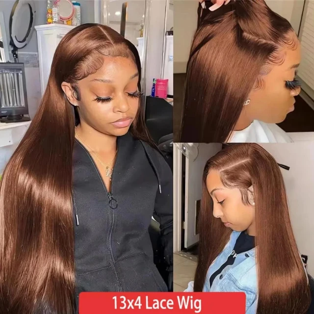 Perruques de cheveux humains bruns chocolat 13x4 lisses avec dentelle frontale HD, densité 230%, pré-épilées, vietnamiennes 4 #   Perruque Lace Front Colorée 13x6 4