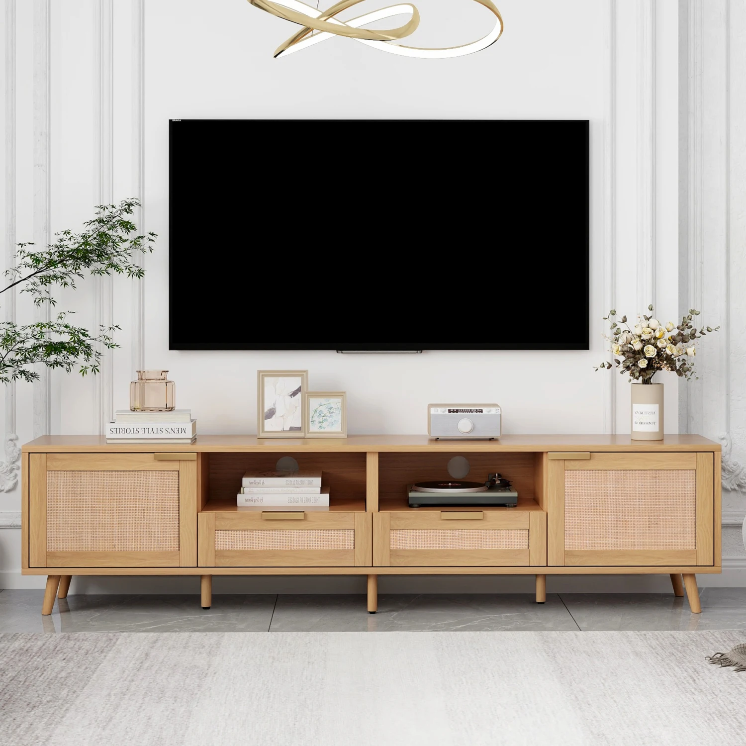 Rattan TV Stand for TVs up to 85'', Modern Farmhouse Media Console, Entertainment Center with Solid Wood Legs, TV Cabinet for Li 2